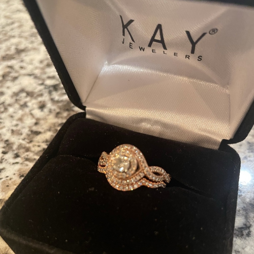 Rose gold double halo diamond engagement ring, Kay Jewelers.